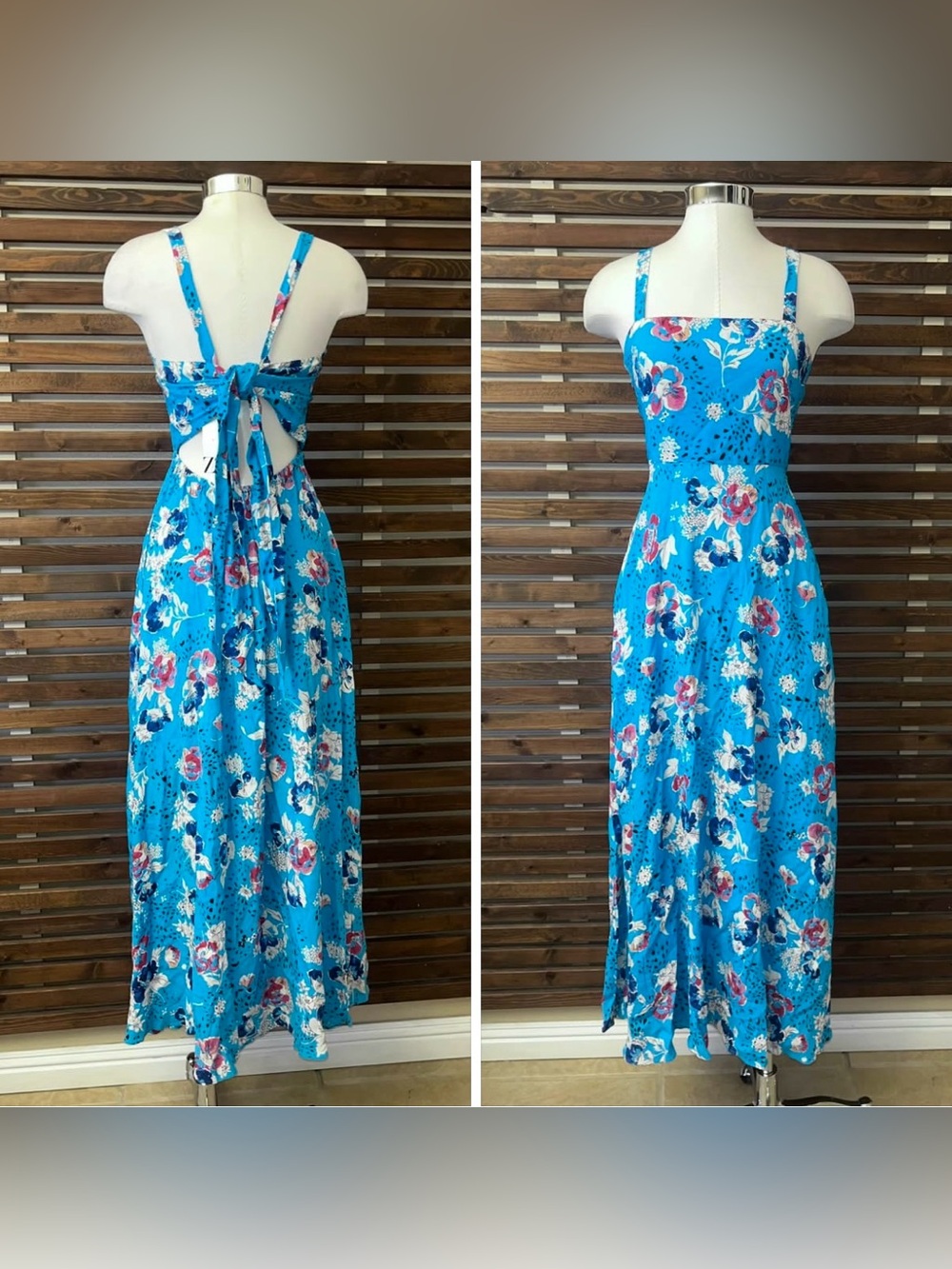 NWT Zara Blue Floral White Red Wide Strap Maxi Long Tie Back Dress